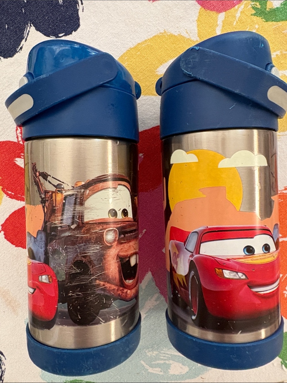 Thermos Blue Stainless Steel Kids Water Bottles with Cars Graphic